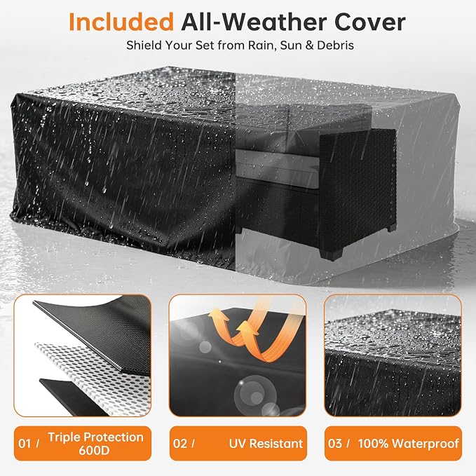LazySunsets 5-Piece Outdoor Patio Furniture Set, Rattan Outdoor Sectional with Thick Waterproof Cushions, Wicker Ottomans & Waterproof Cover, Patio Conversation Set for Garden, Backyard, Grey