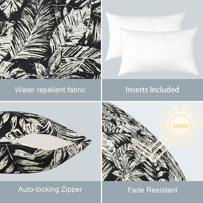 LVTXIII Outdoor/Indoor Lumbar Pillows, Decorative Patio Lumbar Cushions, Fluffy Water Repellent Garden Cushions for Home Patio Coach Sofa Use, 12×20 Inch, Pack of 2, Tropical Leaf Black