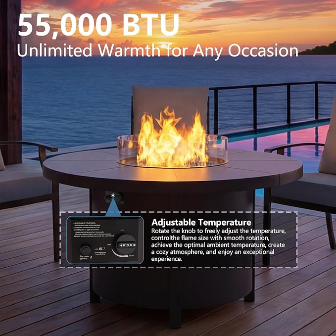 7 Pieces Outdoor Patio Furniture Set with 48" 55000 BTU Round Propane Fire Pit Table,Patio Dining Set Outdoor Conversation Sets 6 Swivel Chairs for Deck,Backyard and Garden,Dark Blue