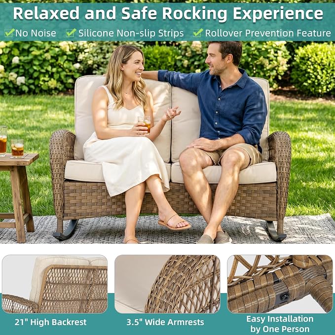 MEETWARM Double Rocking Chair, Oversized Outdoor Rocking Chair for 2 Person, Large Wide Wicker Patio Loveseat with Thick Cushion, All-Weather Rattan Comfy Loveseat Rocker for Patio Porch Deck, Brown