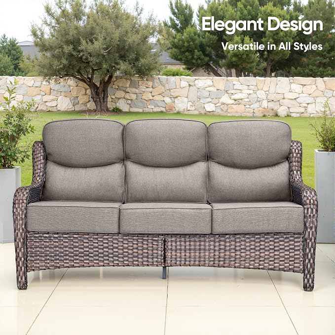 Swivel Patio Chairs sofa Set of 6 with 6" Thick Cushion - Wicker Outdoor Swivel Rocker Patio Chair ,Sofa/Glass coffee table, High Back Comfortable Outdoor Glider Chairs - Brown Wicker | Gery Cushions