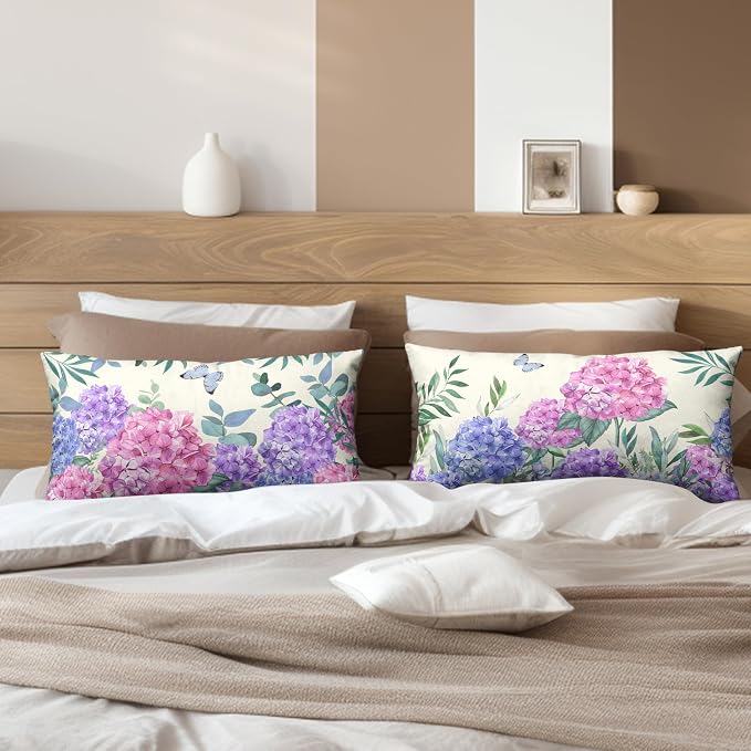 Pink Hydrangea Lumbar Pillow Covers Spring Flowers Outdoor Pillow Covers 12x20 Set of 2 Purple Pink Hydrangea Eucalyptus Pillow Case Cotton Linen Cushion Case for Sofa Garden Patio