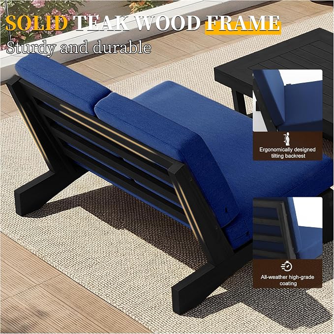 All Weather Patio Furniture Sets, 3 Pieces Black Wood Patio Loveseat Sofa Outdoor Sectional Futniture Backyard Conversation Set with Solid Wooden Coffee Table - Navy Blue