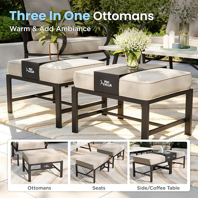 PHI VILLA 7 PCS Outdoor Patio Furniture Set with 2*C-Base Chairs, 1 * 3 Seater Padded Deep Seating Bench Sofa, 2*Padded Armrest Leg Chairs and 2*Metal Cushioned Ottoman for 7 Person