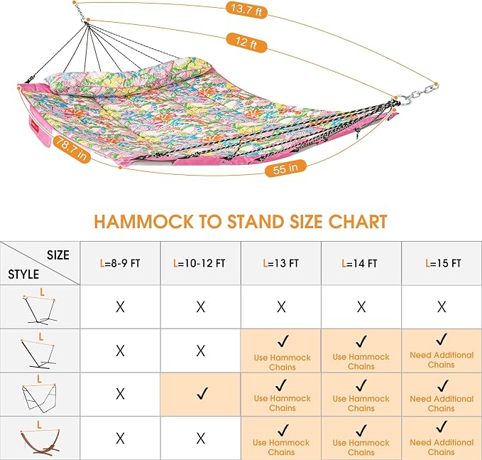 Lazy Daze Hammocks 12 FT Quilted Fabric Hammock with Curved Aluminium Spreader Bar, Double Hammock for Outside with Soft Pillow & Side Pocket 450 Lbs Capacity, Pink Floral