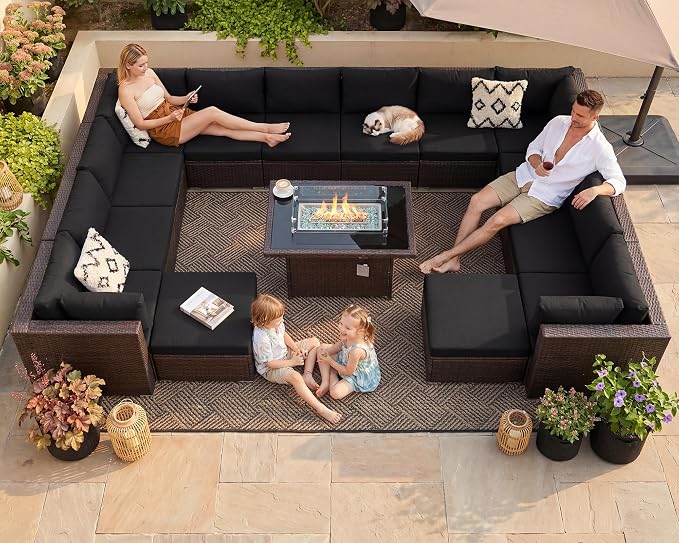 BULEXYARD 15 Piece Highback Wicker Patio Furniture Sets with Firepit, All-Weather Heavy Duty Outdoor Conversation Set Modular, Extra Deep Wide 14-Seats Sectional Couch Sofa for Backyard, Brown & Black