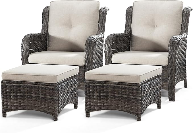 4 Pieces Outdoor Patio Furniture Set Wicker Chairs Set of 2 with Two Ottomans for Backyard, Porch, Balcony(Mixed Grey/Beige)