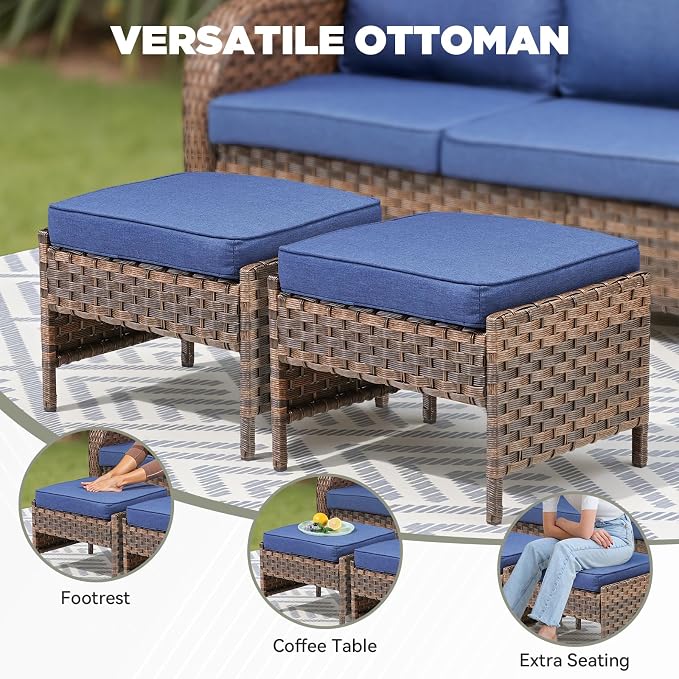 3 PCS Patio Furniture Set, Outdoor Wicker Loveseat with 2 Ottomans, 4-Inch Thick Olefin Cushions & Curved Armrests, 300 lbs Capacity Rattan Sofa Set for Porch, Balcony, Backyard, Blue