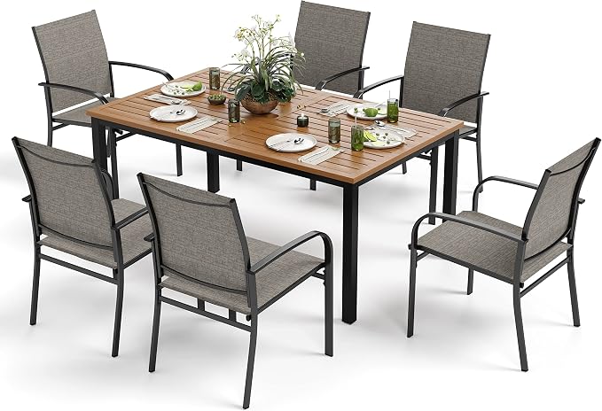 MIXPATIO 7 Pieces Patio Table and Chairs Set, Patio Dining Set for 6, 6 Textilene Chairs and 1 Wood-Like Rectangle Steel Table with Umbrella Hole, for Deck Backyard Lawn Poolside, Brown