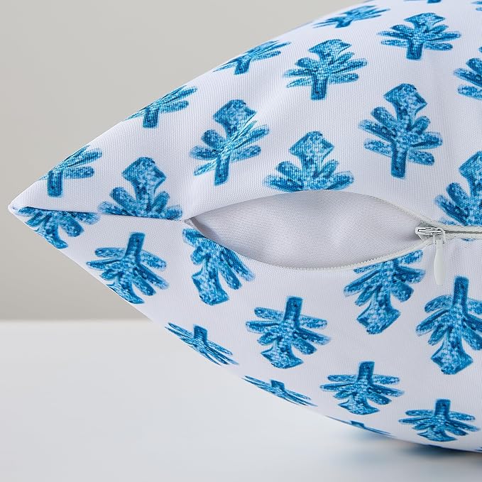 Outdoor Pillow Covers 18x18 Set of 2 Boho Blue Floral Accent Print Decorative Throw Pillow Cases for Outdoor Waterproof Patio Furniture Garden Porch Sofa Bed Cushion Covers Home Decor JB005-B18