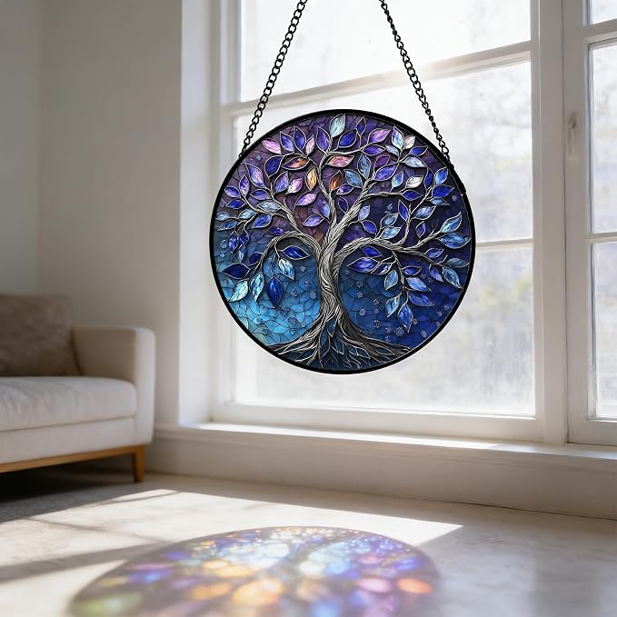 DASTOLL Stained Glass Window Hanging, Blue Purple Tree of Life Sun Catchers Colorful Glass Panel Plants Suncatcher Decor for Birthday for Women,Men,Wife, Lovers, and Mom 6.3 in