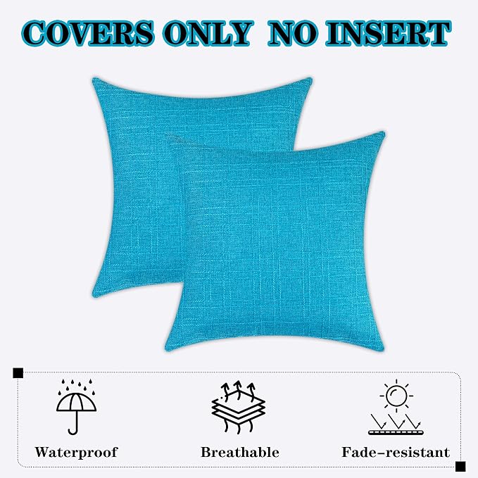 Kevin Textile Outdoor Waterproof 16”x16” Pillow Covers 2 Pack, Peacock Blue | Water Resistant, Soft Faux Linen-cotton Yarn-dyed Woven Texture Throw Pillow Covers for Tent Patio Garden Couch Sofa