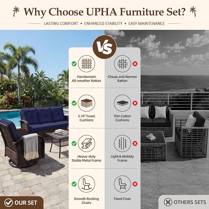 UPHA 6 Pieces Patio Furniture Sets, Wicker Outdoor Sofa Set with Loveseat & 3-Seat Couch, Swivel Chairs, Patio Conversation Set for Deck Backyard Garden, Brown Rattan, Navy Blue Cushion