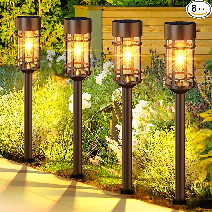 ILANCK Solar Pathway Lights Outdoor Solar Lights 8 Pack Metal & Glass Design - Waterproof Auto On/Off Bright Long-Lasting Garden Landscape Lighting Walkway Driveway