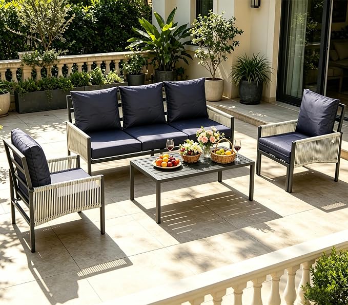 AECOJOY Aluminum Patio Sectional Sofa Set 5-Seat Dark Blue | Outdoor Furniture, Coffee Table Included, Porch & Deck Use, Conversation Set