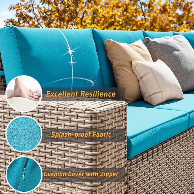7 Pieces Patio Furniture Set with Fire Pit Table, Outdoor Sectional Wicker Sofa with Thickened Cushions and Coffee Table, High Back Rattan Patio Conversation Sets, Cyan