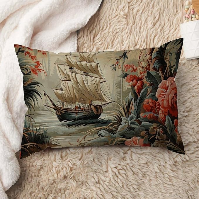 Lumbar Throw Pillow Cover Moore Manor Antique Chinoiserie Pillow Covers Abstract Vintage Boats and Flowers Pillow Cover Accent Decorative Cushion Cases Home Decor for Home Car 16x24in