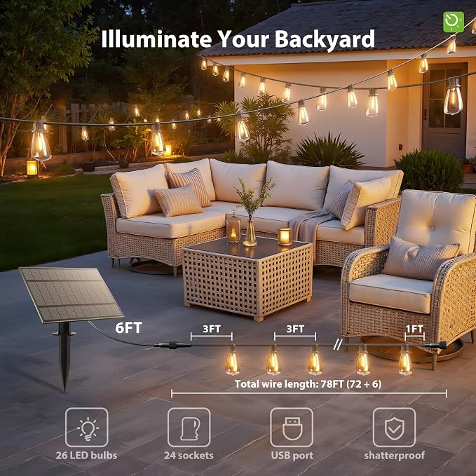 KYY 78FT(72+6) Solar String Lights Outdoor with USB Port Remote Control | LED Waterproof Solar Powered Patio with 24 Sockets, Heavy-Duty and UL Listed Porch Market Lights
