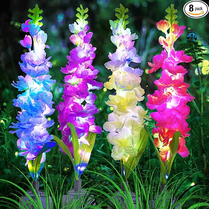 MRHEPHAESTUS Solar Garden Lights, Solar Delphinium Flowers Lights 8 Pack 160 LEDs, Waterproof Outdoor Light Two Lighting Modes for Wedding Party Garden Yard Patio Lawn Decor and Gift for Mother