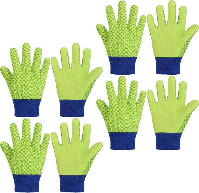 HANDLANDY 4 Pairs Kids Gardening Gloves, Cotton Kids Work Gloves, Green, M | Girls Boys Children Garden Yard Work Play Cycling Gloves with Knit Wrist, Cute Pattern, Gift