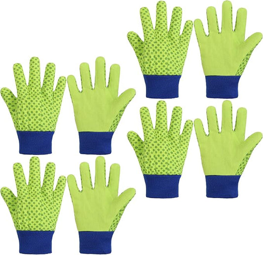 HANDLANDY 4 Pairs Kids Gardening Gloves, Cotton Kids Work Gloves, Green, M | Girls Boys Children Garden Yard Work Play Cycling Gloves with Knit Wrist, Cute Pattern, Gift