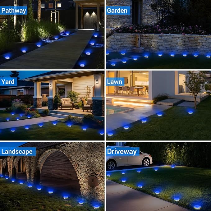 Mini Solar Ground Lights Outdoor, 8 Pack Flat Solar Powered Disc Lights, IP68 Waterproof, Anti-Rust, Landscape Lighting for Pathway Garden Yard Lawn Walkway Landscape Driveway, Blue