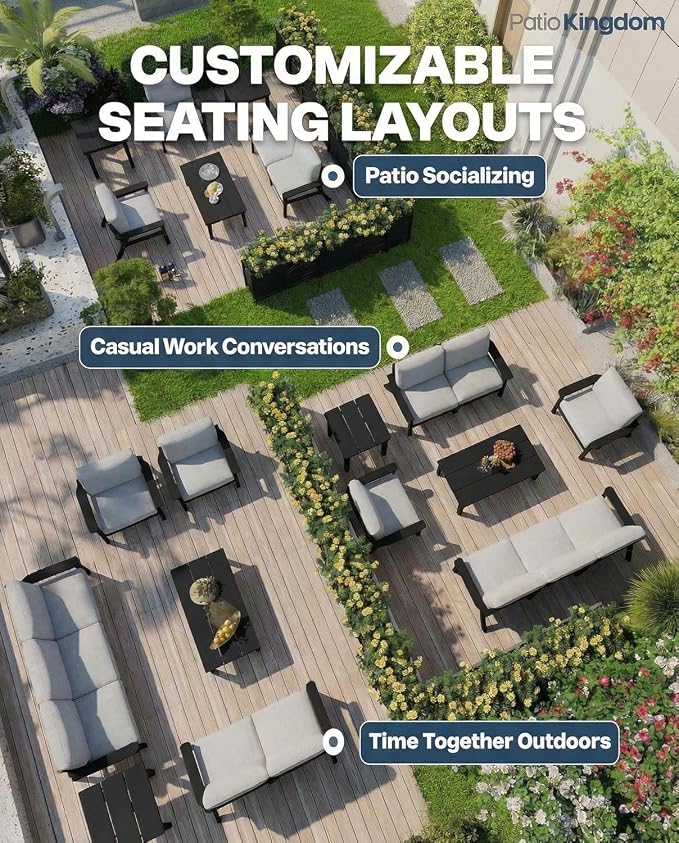 Patio Furniture Set with Washable Thick Grey Cushions, Coffee Table & Side Table, HDPE Outdoor Couch, All-Weather Outdoor Sectional Furniture, Patio Conversation Sets (Black Frame)