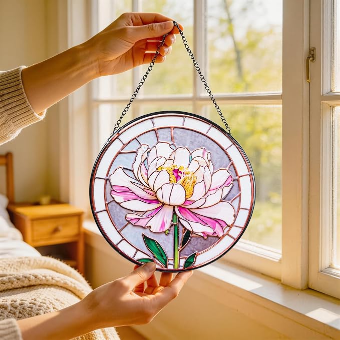 Stained Glass Window Hanging, Pink Peony Suncatcher 7.8 in Sun Catcher Glass Panel Boho Wall Art Decor with Chain Diamond Glass Panel Hangings Scenery Sun Catchers Decor for Lover Couple Mom