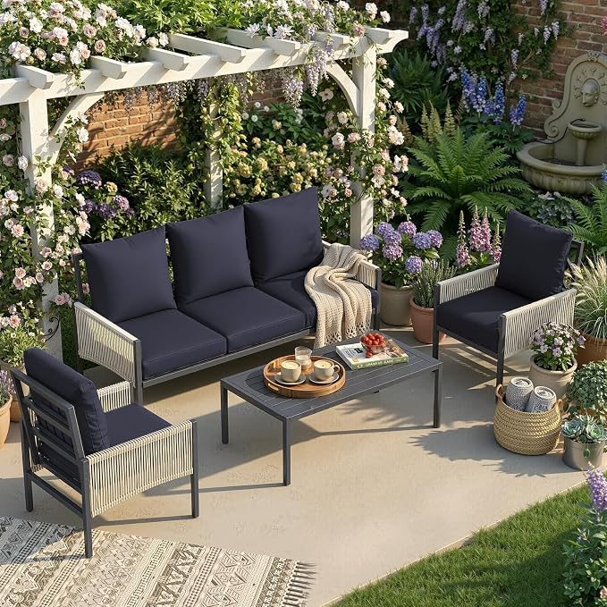 U-MAX Aluminum Patio Furniture Set 5 Seats Outdoor Sectional Couch with Coffee Central Table Patio Conversation Sets for Porch Deck (Dark Blue, with Retractable Single Sofa)