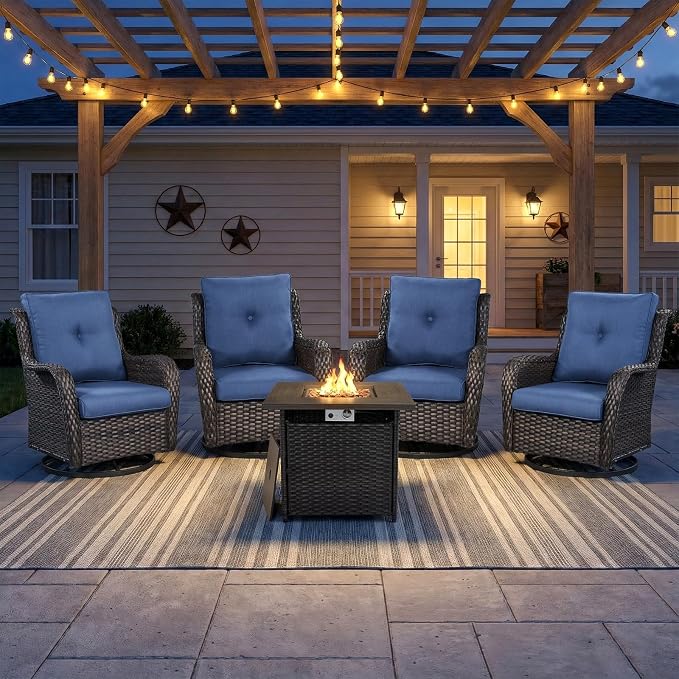 Wicker Patio Furniture Set- 4 Pieces Outdoor Swivel Rocker Chairs with 50,000 BTU Fire Pit Table,PE Rattan Outdoor Conversation Set for Garden Porch Deck