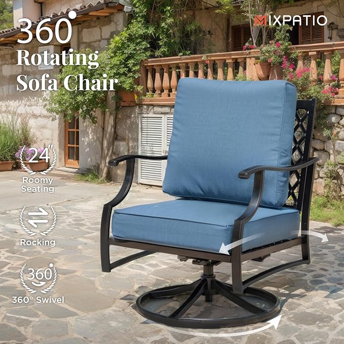 MIXPATIO Patio Furniture Set 6 pcs, Outdoor Patio Furniture, 1 X 3-Seat Sofa, 2 X Single Chairs, 2 X Swivel Chairs, 1 X Coffee Table and 5.75" Extra Thick Cushion, Patio Conversation Set,Navy Blue