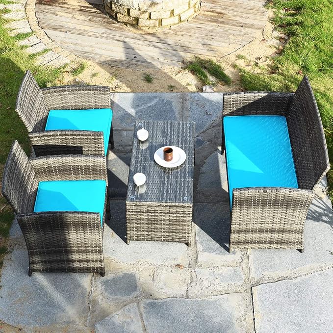 Outdoor Conversation Set, 8 Pieces Wicker Patio Furniture Set with Ergonomic Curved Design, Water-Resistant Cushion & Tempered Glass Table for Porch,Balcony(Turquoise)