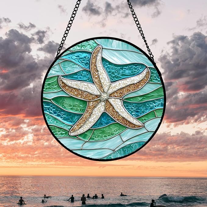 DASTOLL Stained Glass Window Hanging 4 Pcs Set Cyan Ocean Life Theme 9.8" - Sea Starfish Suncatcher Door Garden Sun Catcher Decor Birthday for Mom Woman Nana Men Friend