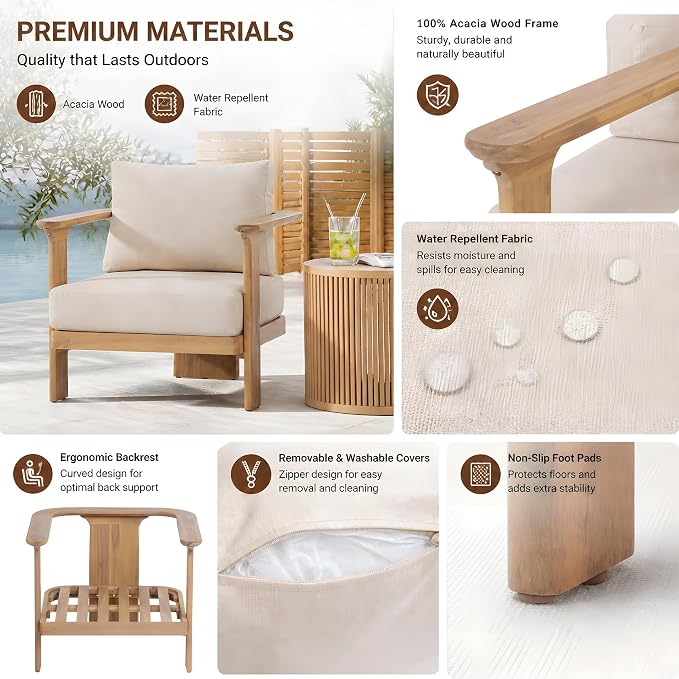 Christopher Knight Home Kera 4-Seater Patio Furniture Set with Removable Cushion, 4 Piece Outdoor Acacia Wood Conversation Set, Sold Wood Outdoor Sectional Sofa Set with Coffee Table, Brown+Beige