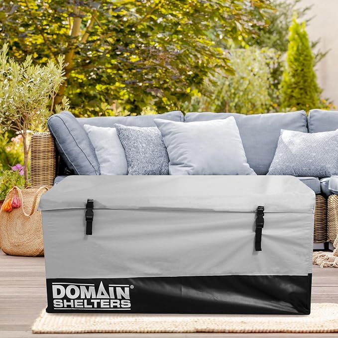 Domain Shelters 117 Gallon 4 x 2 x 2 Foot Outdoor Patio Backyard Garden Storage Container Deck Box w/Removable Weather Bars & Clip Buckles, Gray/Black