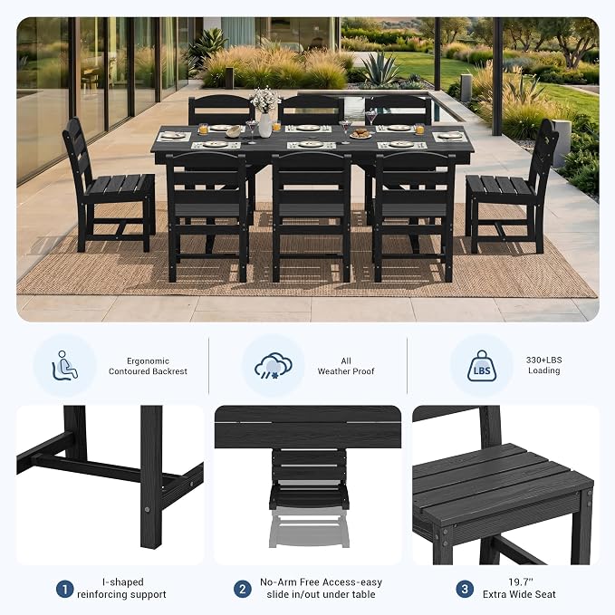 KINGYES 8-Seat Outdoor Patio Dining Set,84 inch HDPE Rectangular Table and Chairs Set，Waterproof Furniture Set with Umbrella Hole for Backyard,Black
