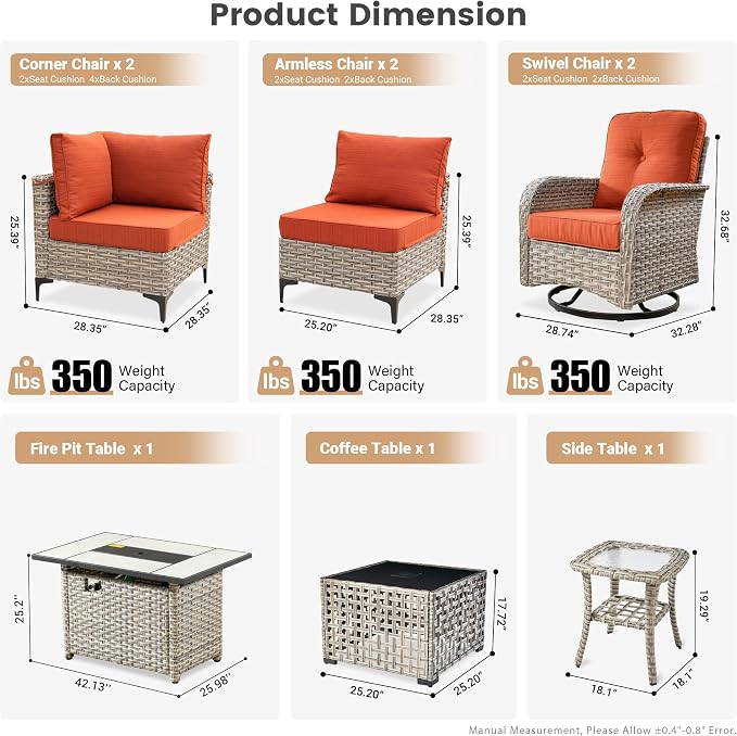 Outdoor Patio Furniture Sets,9 PCS Patio Conversation Set Outside Rattan Sectional Sofa with 42 in Square Fire Pit Table Wicker Rocking Chair Coffee Table Fit Backyard Garden Poolside Balcony