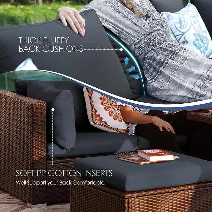 NICESOUL 15 Piece Outdoor Sectional with Fire Pit Table, Modern Luxury Patio Deep Seating w/Firepit, 29.3'' High-Back Wicker Couch Thick, Big High-Weight Capacity Sofa for Garden, Yard, Brown & Gray