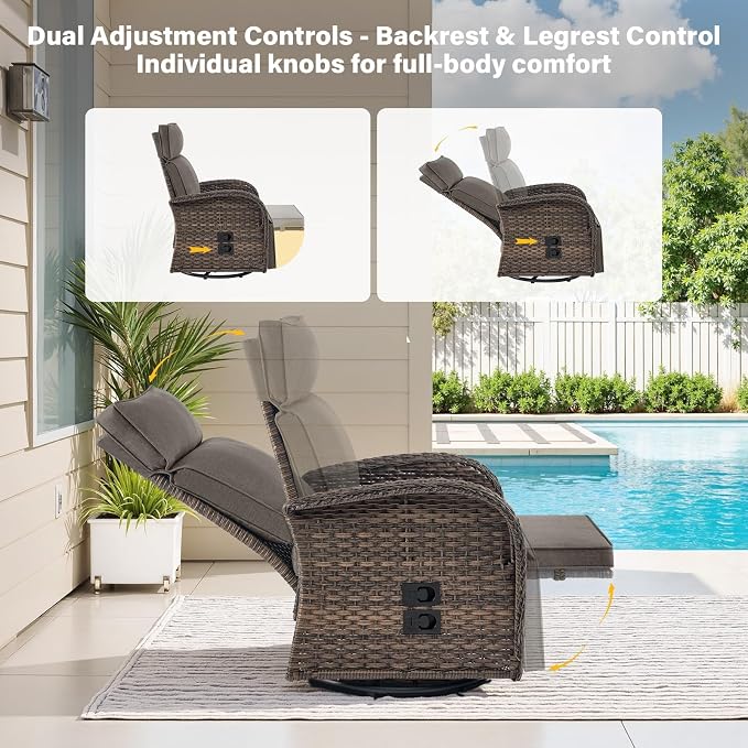 Belord Dual-Adjust Outdoor Swivel Recliner Chair – Wicker Reclining Patio Chair with Adjustable Backrest and Footrest, All-Weather Wicker Chaise Lounge Chair Outdoor for Pool Deck 2.0