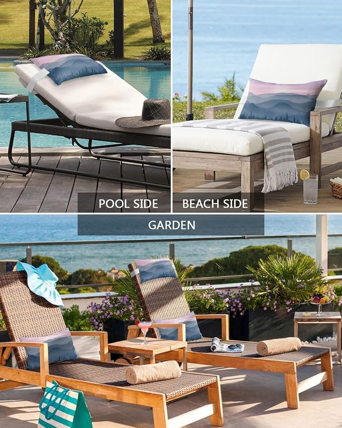 Outdoor Pillows Covers with Inserts Purple Sky Tall Mountains Trees Silhouette Waterproof Recliner Pillow with Adjustable Strap Throw Pillows for Patio Furniture Pool Lounge Chair, 12x20 inch, 2PCS
