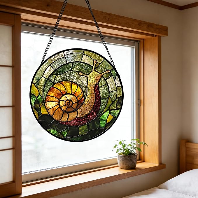 Stained Glass Window Hanging, Green Orange Snail Sun Catcher for Door Home Decor Suncatcher Christmas Mother's Day Birthday Gifts for Women Men Mom and Nana 15 in