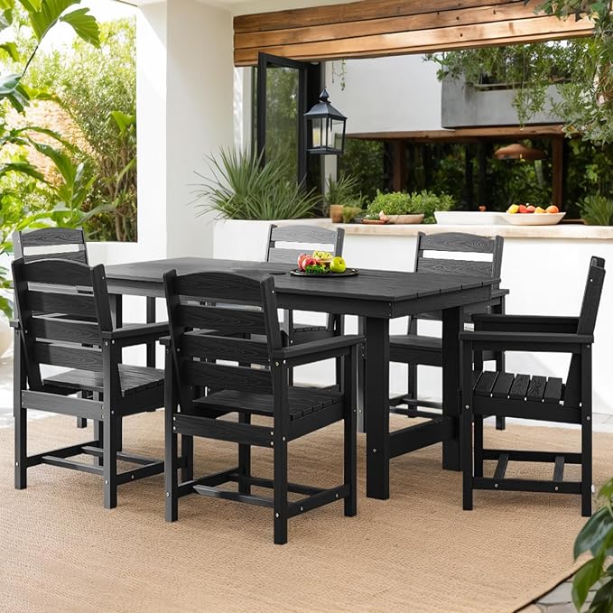 TenKa 7 Piece HDPE Patio Furniture Set for 6, Dining Table and Chairs, Outdoor Table with Umbrella Hole, Outdoor Dining Set for Garden, Backyard, Lawn, and Poolside