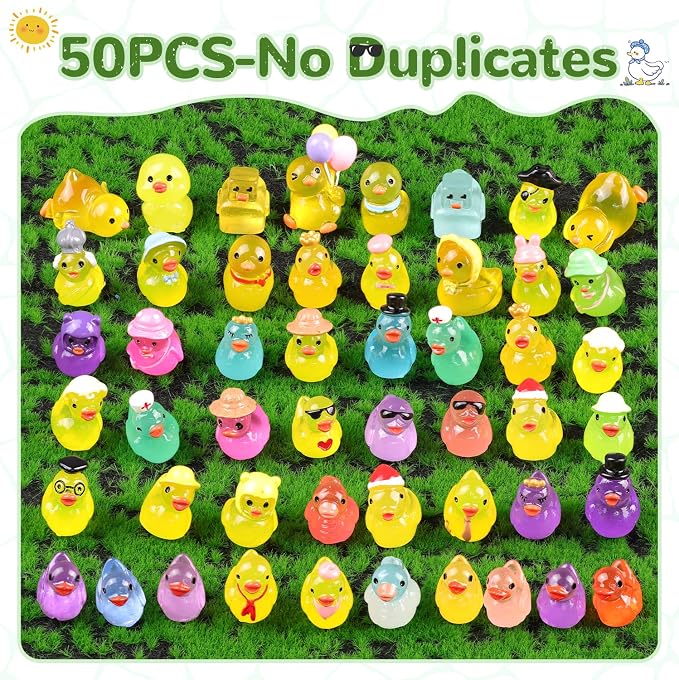 TINKRSTUFF 50PCS Mini Resin Animals Assorted Styles Tiny Ducks Glow in Dark,Miniature Duck Figures to Hide,Little Animal Bulk for Topper Desk Garden Landscape Aquarium DIY Crafts & Decor
