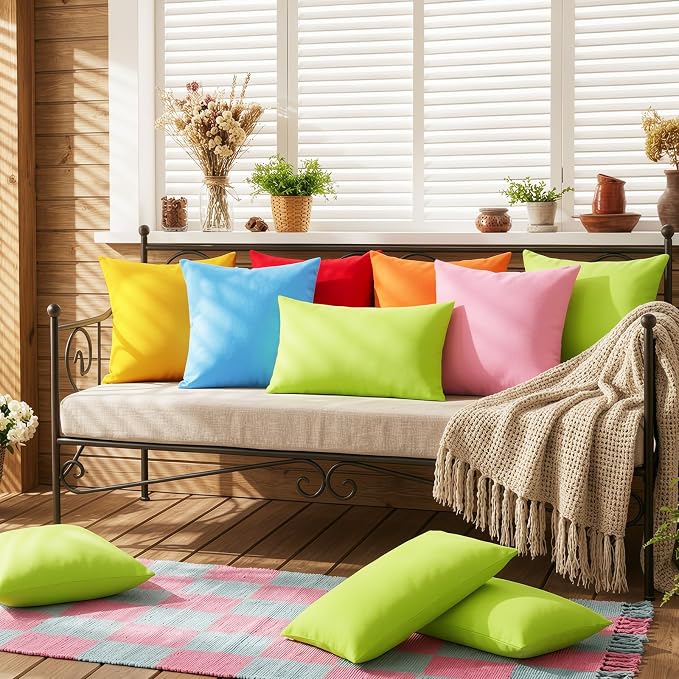 Lewondr 2 Pack Waterproof Outdoor Pillow Covers, 12"x20", Fluorescent Green | Waterproof, Solid PU Coating Throw Pillow Case, UV Protection Garden Cushion Cover, for Patio Decorative Sofa Couch Balcony