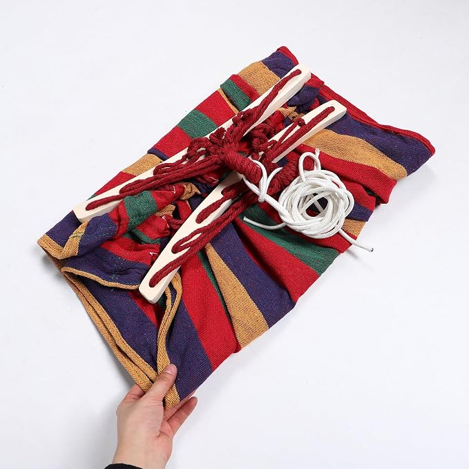 Outdoor Camping Hammock Canvas Thickened Single-Person 200x80cm Striped with Anti-tip Design and Curved Rod, Weatherproof Portable Hammock for Backyard and Travel