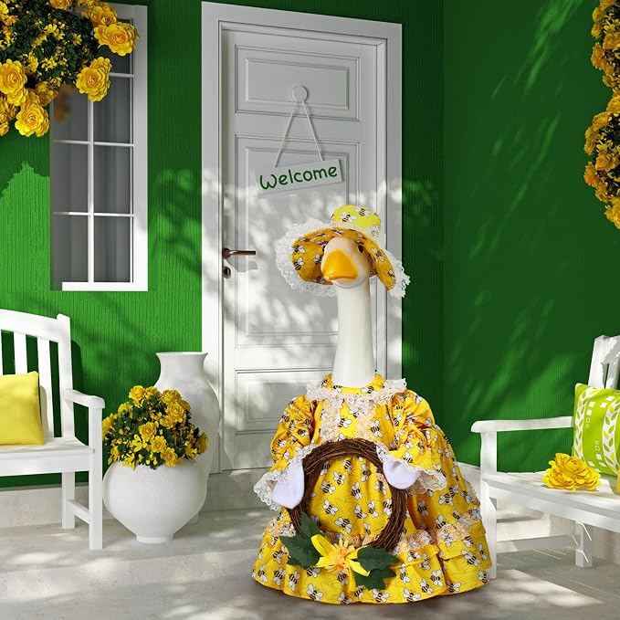 Soulchen 1 Set Summer Bee Porch Goose Outfit with Wreath 23 Inch Cement Goose Clothes Dress and Hat Costume Set for Spring Summer Holiday Lawn Garden Yard Decor