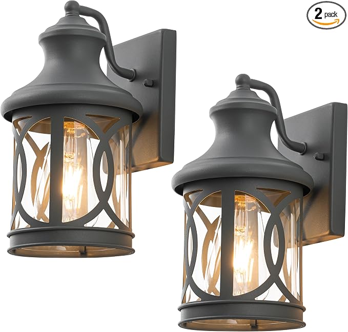 2-Pack Outdoor Wall Lights, Porch Lights, Waterproof Outdoor Wall Sconce, Exterior Light Fixture Grey Finish with Clear Glass Shade for Garage Patio Front Door Balcony, 12in.