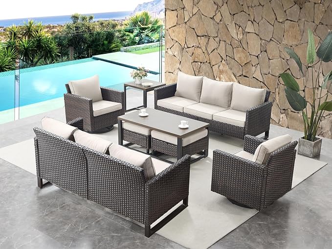 HUMMUH 8 Piece Patio Furniture Set Outdoor Sectional Sofa,High Back Patio Swivel Rocker Chairs with Ottomans Coffee Table for Porch,Garden,Backyard(Brown/Beige)