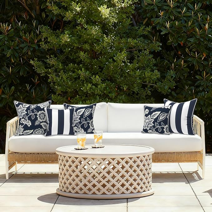 LVTXIII Outdoor/Indoor Throw Pillows, Decorative Patio Accent Pillows, Fluffy Water Repellent Garden Cushions for Home Patio Coach Sofa Use, 20×20 Inch, Pack of 2, Elegant Vines Navy