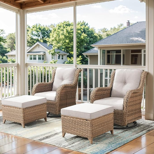 Belord Outdoor Swivel Chairs Set of 2,Patio Wicker Rocker Chairs with Ottomans, All Weather Patio Conversation Furniture Set, Ideal for Porch Balcony Deck Yard, Yellow Wicker/Beige